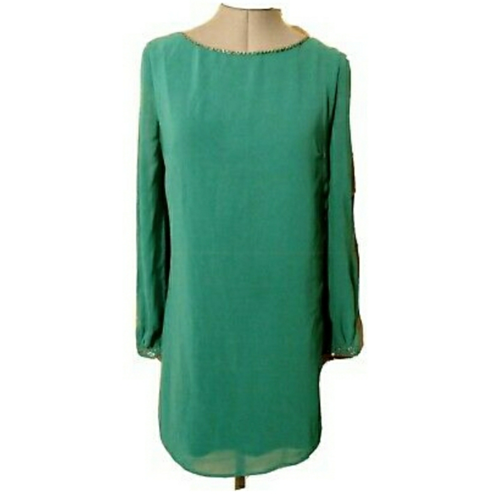 ALICE MOON Beaded Sheath Dress M Green Chiffon Strappy back Scoop neck Modern
